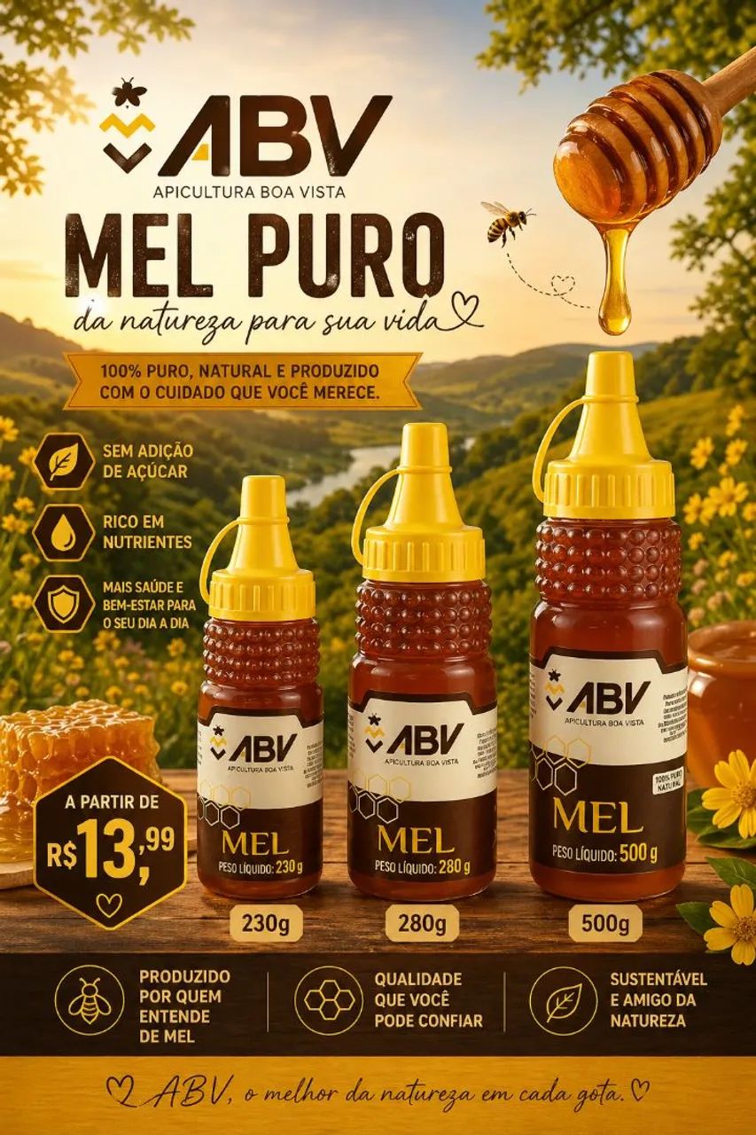 Mel 100% Natural ABV Puro Sem Conservantes Rico em Nutrientes 230g 280g 500g
