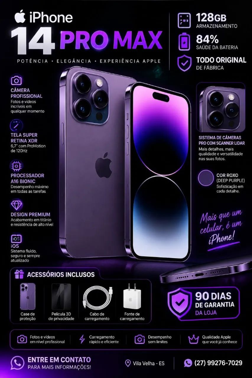 iPhone 14 Pro Max 128GB | ROXO | TODO ORIGINAL!