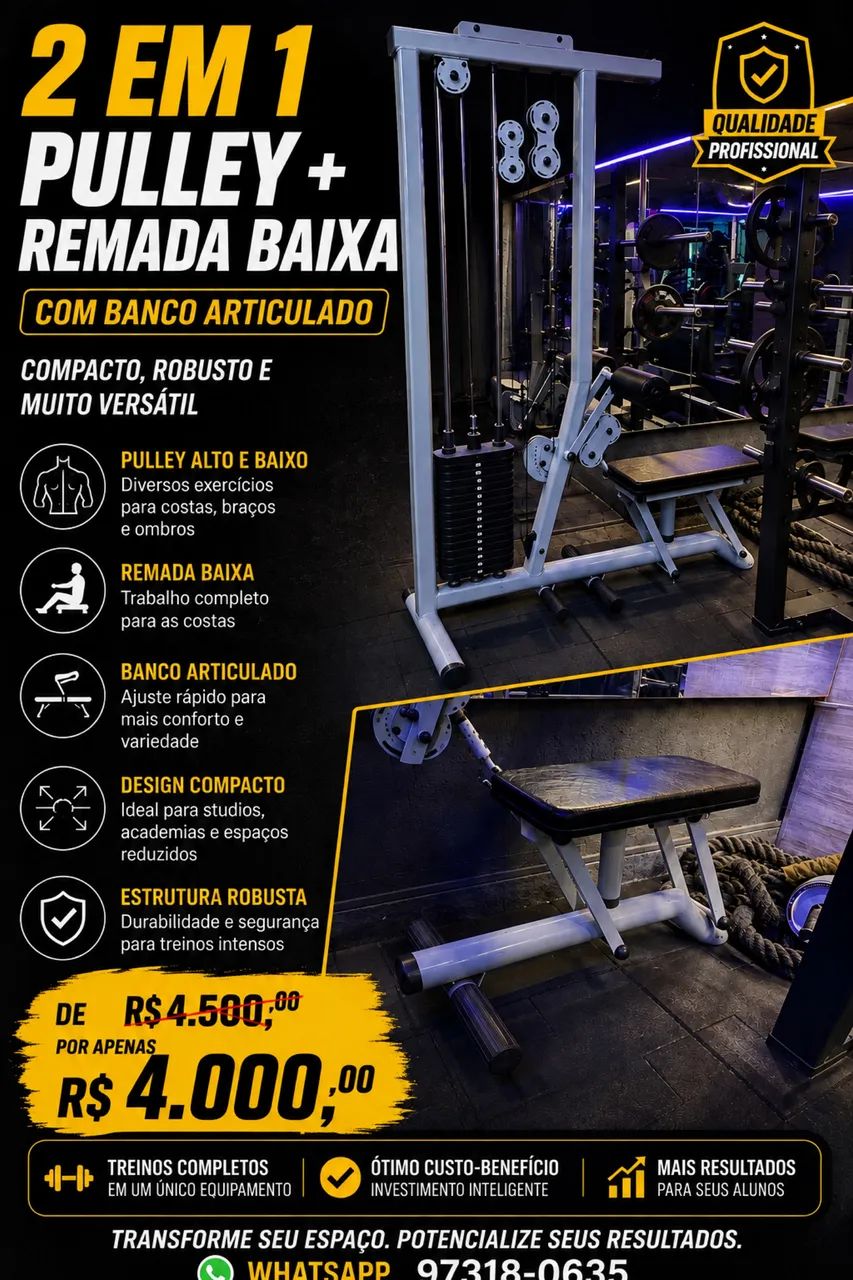 Pulley com remada 2 em 1, banco articulado