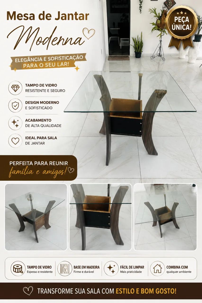 MESA DE JANTAR COM TAMPO DE VIDRO
