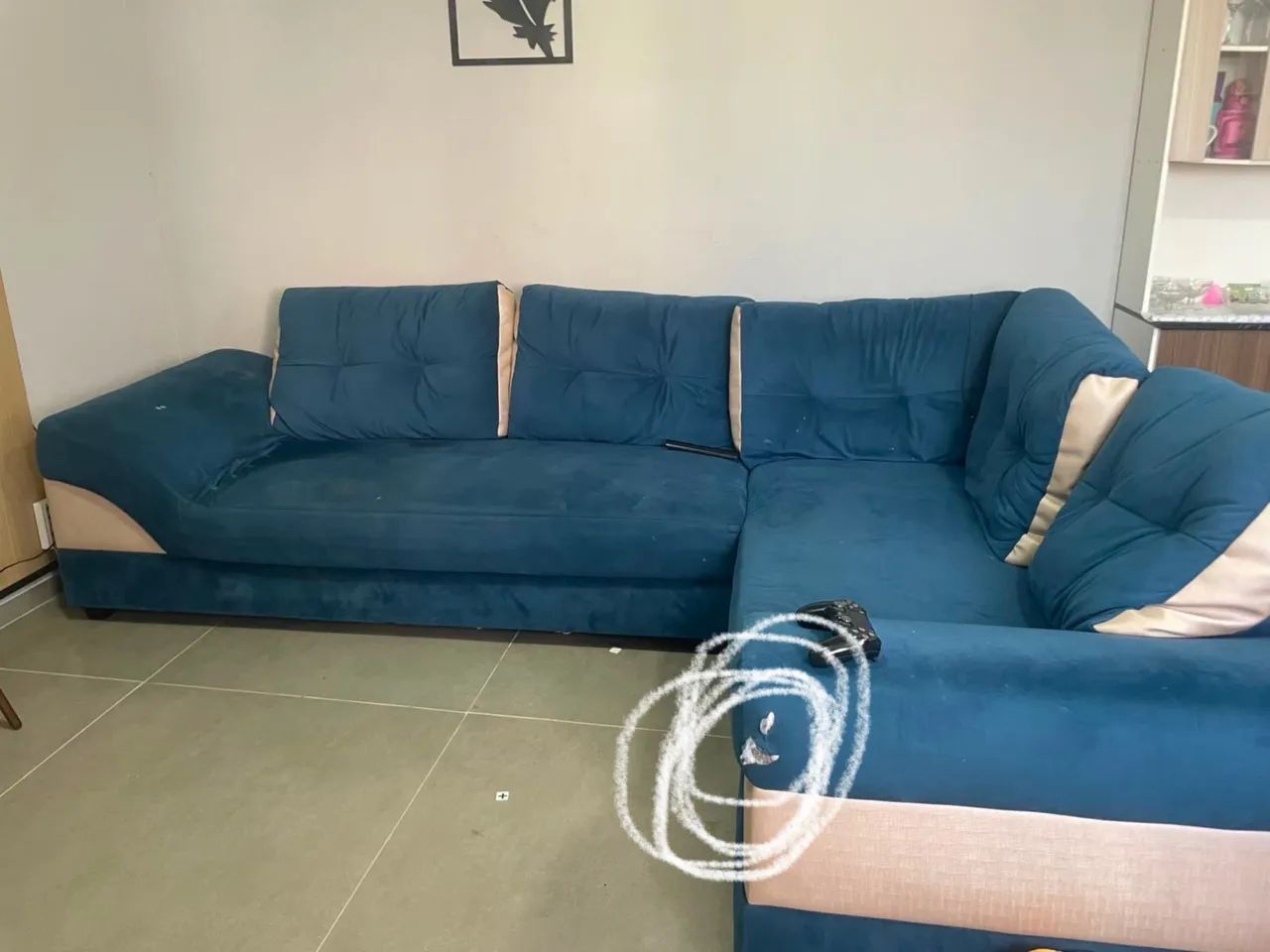Sofá de Canto em L com Chaise Azul Veludo  - Foto 3