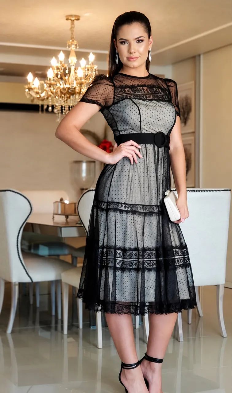 Vestido Midi Premium em Tule e Renda Preto | Elegante e Sofisticado