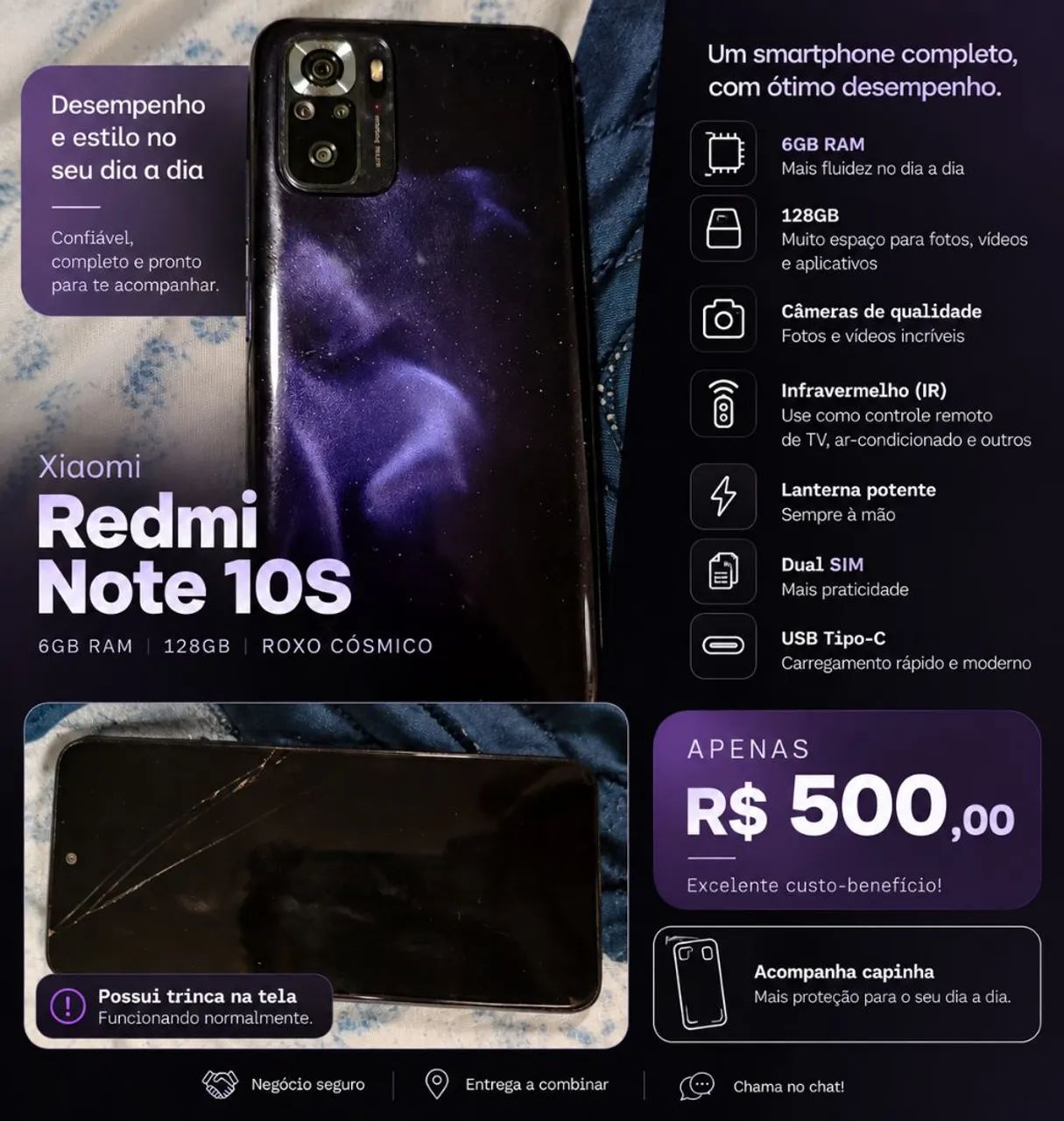 XIAOMI REDMI NOTE 10S - 6GB DE RAM/ 128 GB - EDIÇÃO LIMITADA ROXO CÓSMICO 