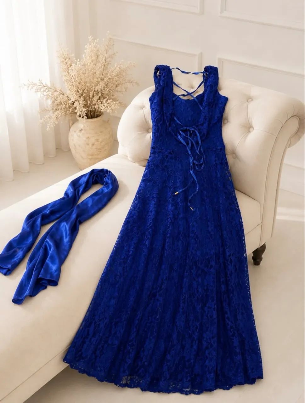 Vestido Longo de Renda Azul Royal com Xale - Foto 3