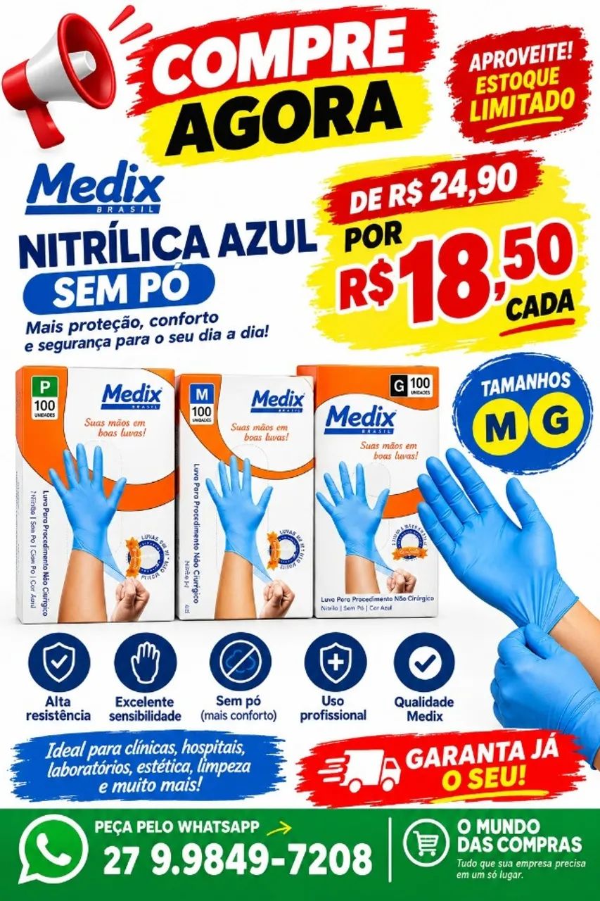  LUVAS NITRÍLICAS - NOTRILO AZUL SEM PÓ - MEDIX  Tamanhos M e G