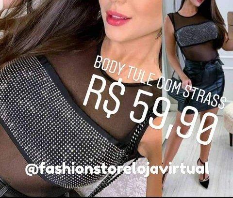 Body com transparência e pedraria strass tam único