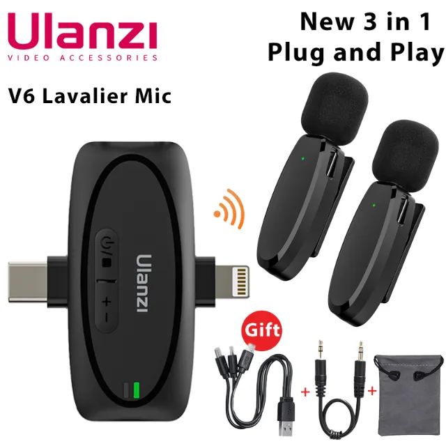 Microfone Sem Fio Ulanzi V6 3 em 1 Funciona Iphones, Android e Cameras