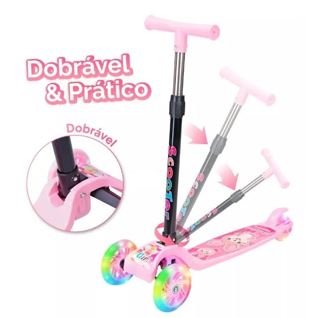 Patinete Infantil 3 Rodas De Led Dobrável -Rosa