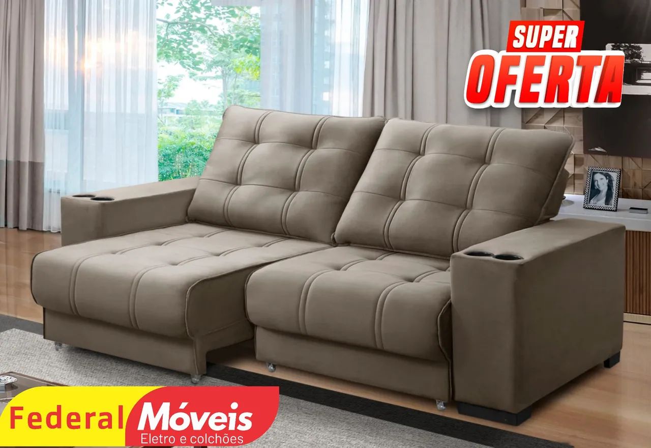 Sofá Retrátil 2,00m Porta Copos Embutidos - Oferta!