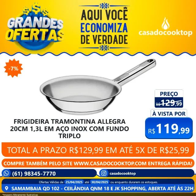 FRIGIDEIRA TRAMONTINA ALLEGRA 20CM 1,3L EM AÇO INOX COM FUNDO TRIPLO 62666201