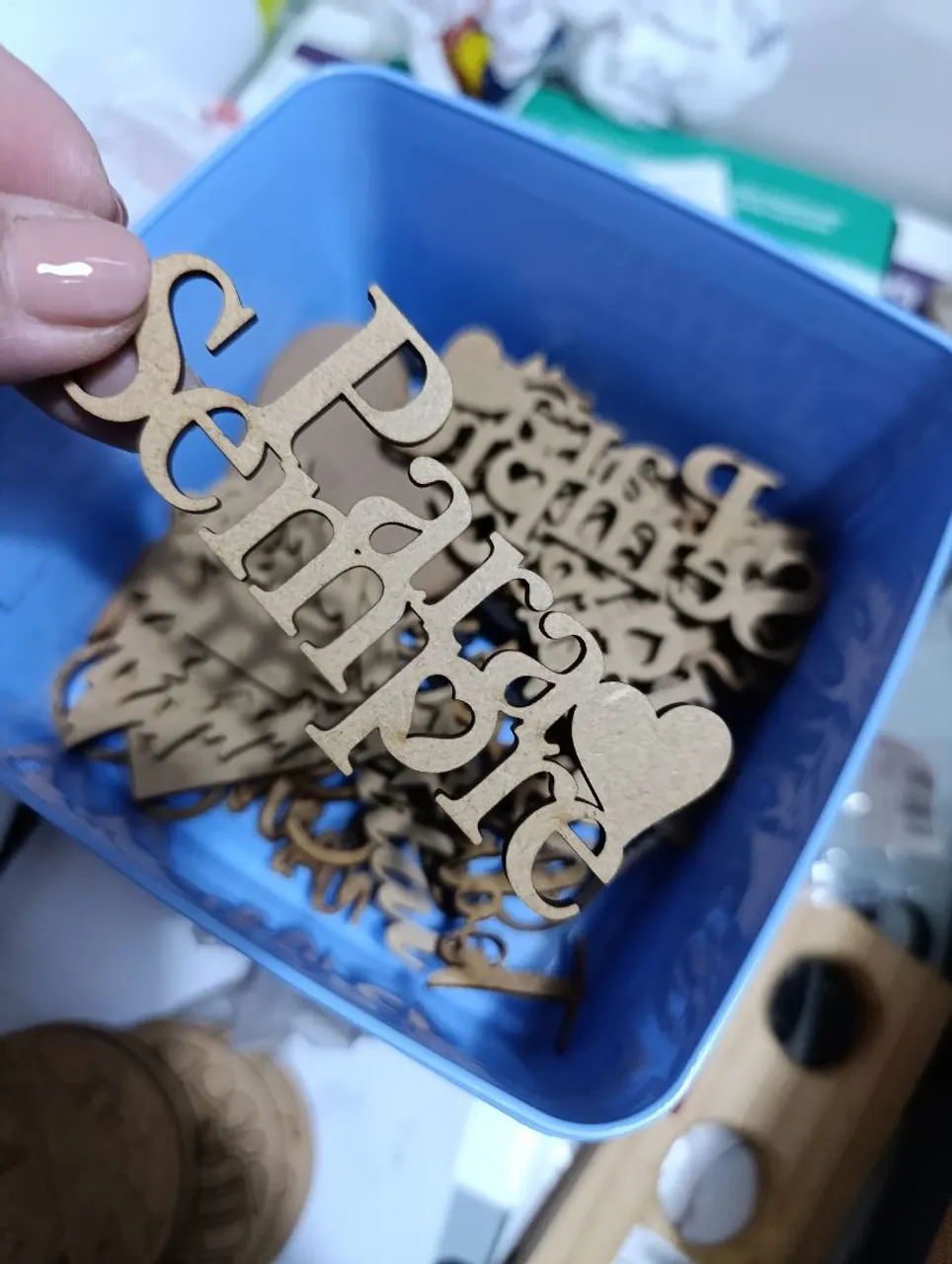 Apliques de MDF - Palavras e alguns desenhos.