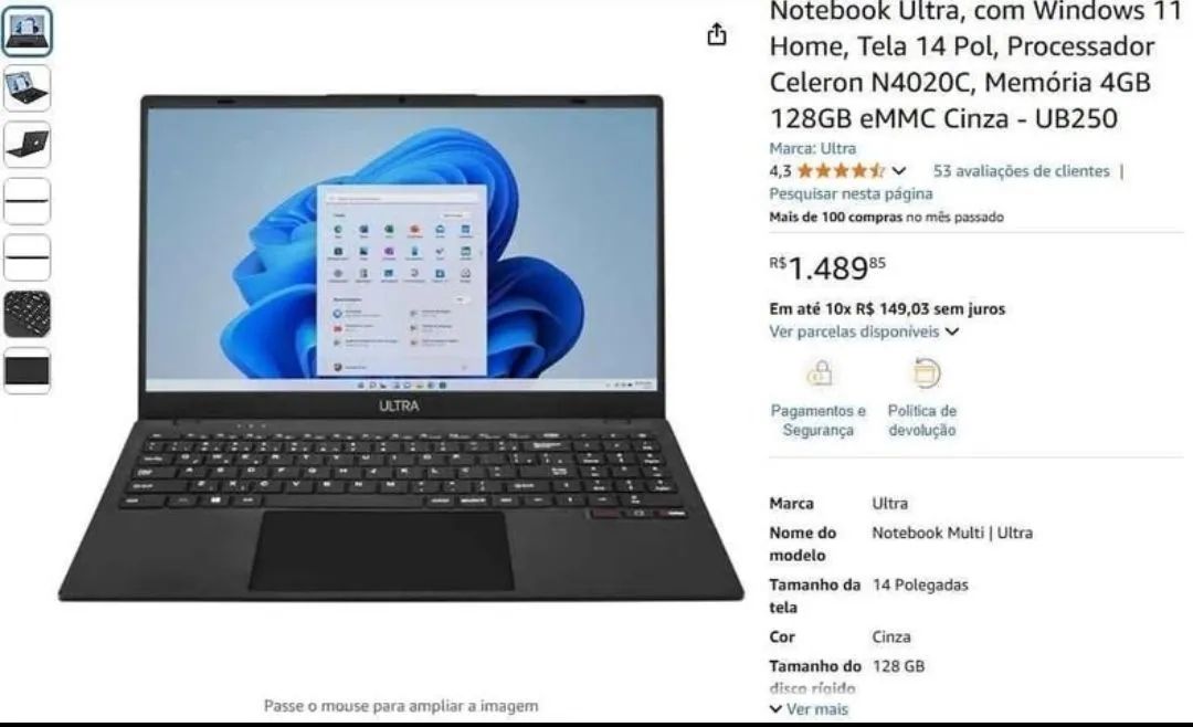 Notebook Ultra 14 Polegadas Celeron N4020C 4GB 128GB Cinza