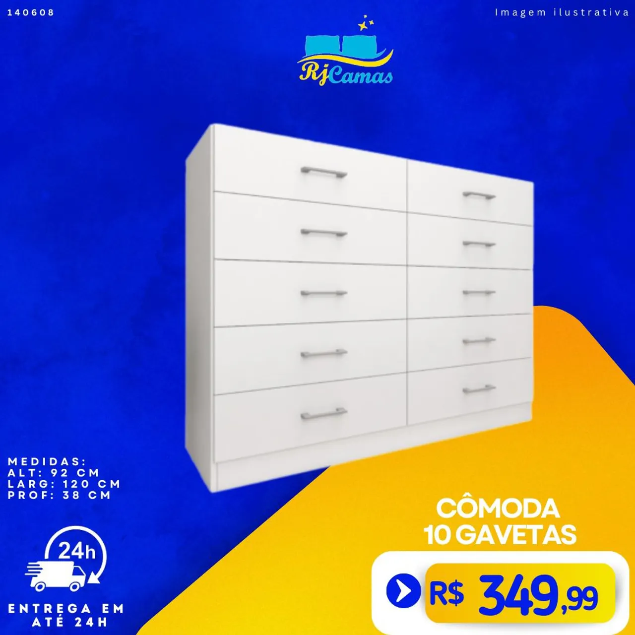 Cômoda 10 Gavetas - Branca - MDF - Nova