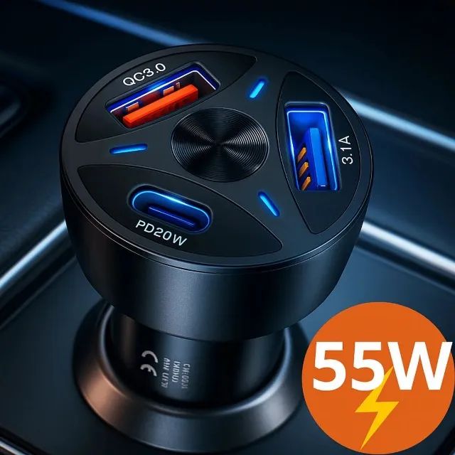 Carregador Veicular Turbo 2 Usb e 1 Tipo-C 55w Recarga Rápida Isqueiro - Foto 2