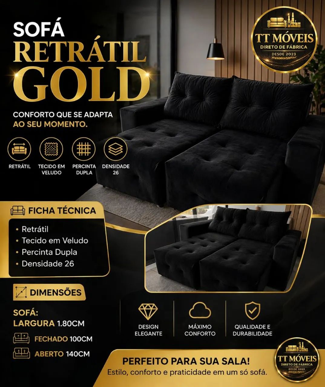 SOFÁ RETRÁTIL COM ALMOFADAS GOLD