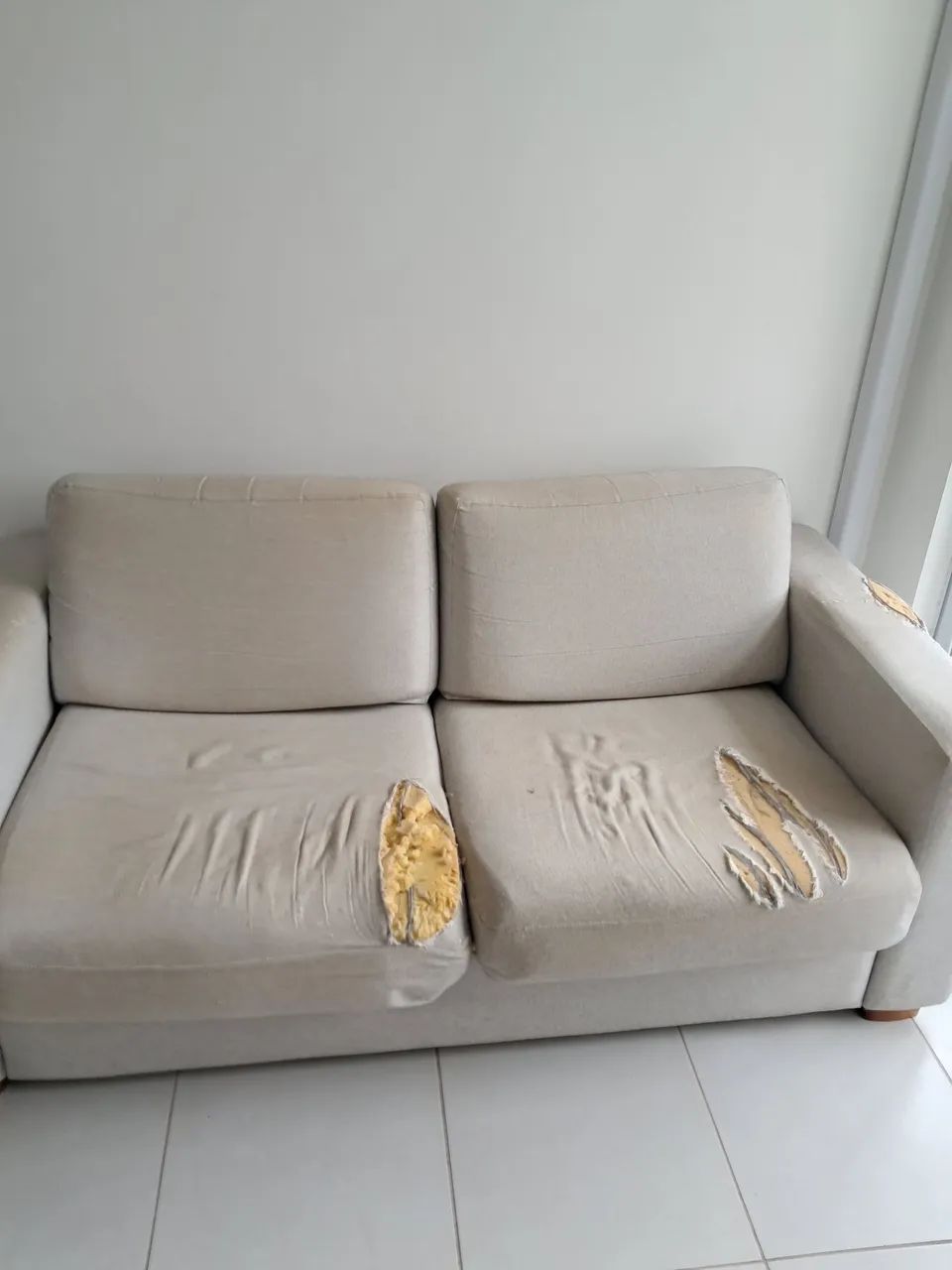 Sofá com colchão dentro, com desgastes feitos pelos gatos