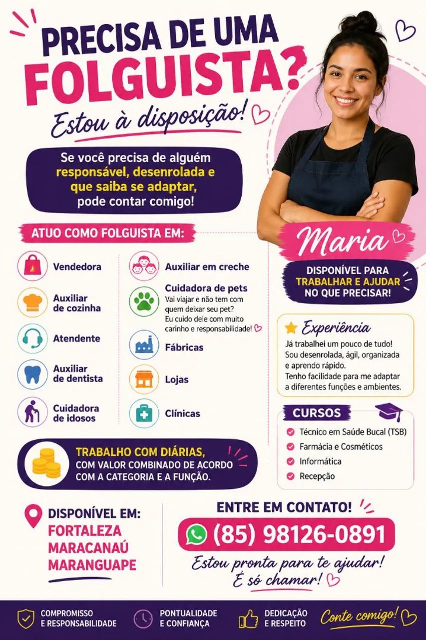 PRECISA DE UMA FOLGUISTA? ESTOU À DISPOSIÇÃO!