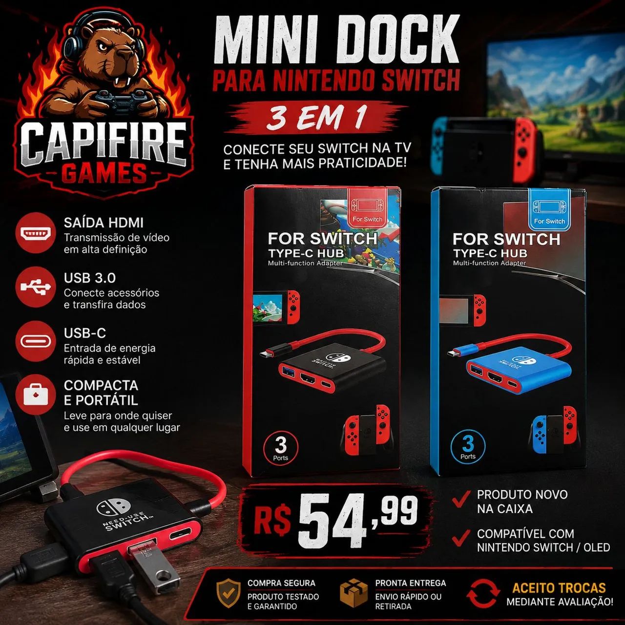 Mini Dock 3 em 1 para Nintendo Switch / OLED - Nova