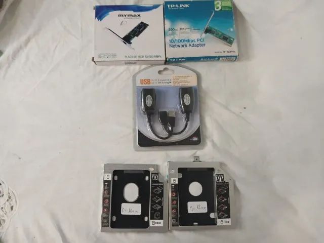 Coisas de info - 2 Placas Rede PC (NOVAS) + Extensor usb (NOVO) + 2 Docas Caddy Notebook