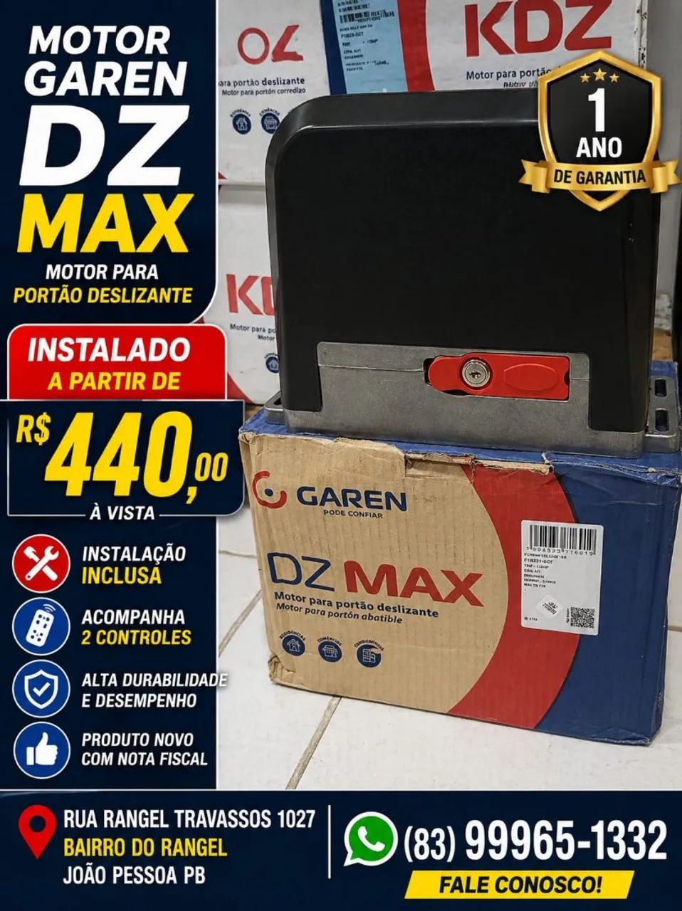 Motor para portão Garen DZ Max TSI 1/3HP com instalação já inclusa, F12831-GCT