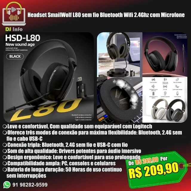 Headset SmailWolf L80 sem fio Bluetooth Wifi 2.4Ghz com Microfone