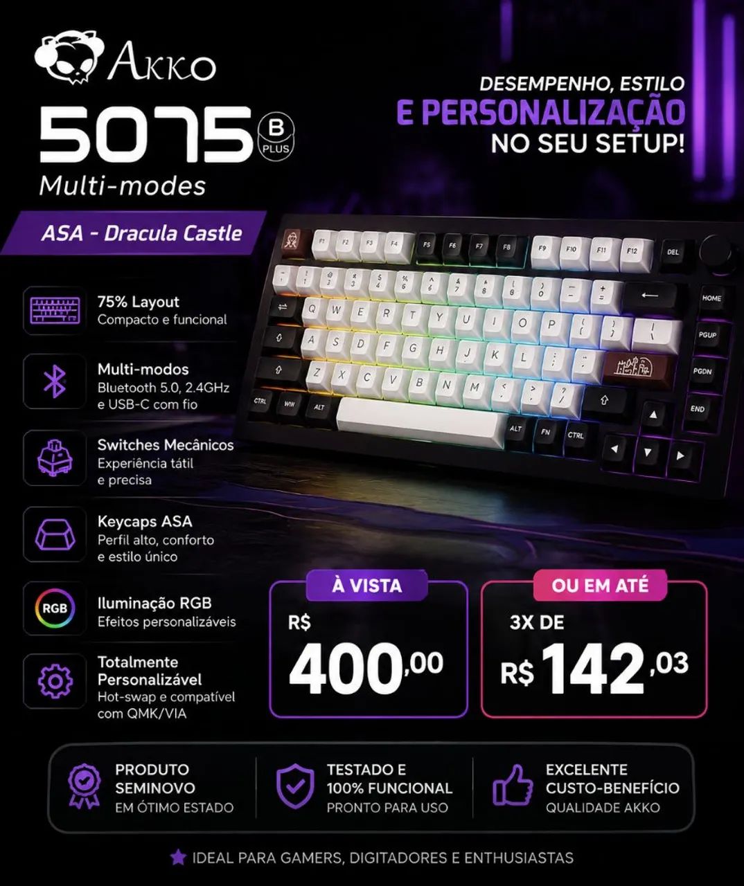 Teclado mecânico Akko 5075 Drácula Castle 