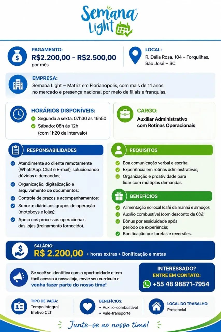 Vaga  Auxiliar Administrativo com Rotinas Operacionais- Semana light 