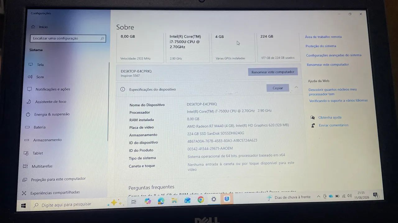 Notebook Dell i7 7ª Geração 8GB SSD Radeon 
