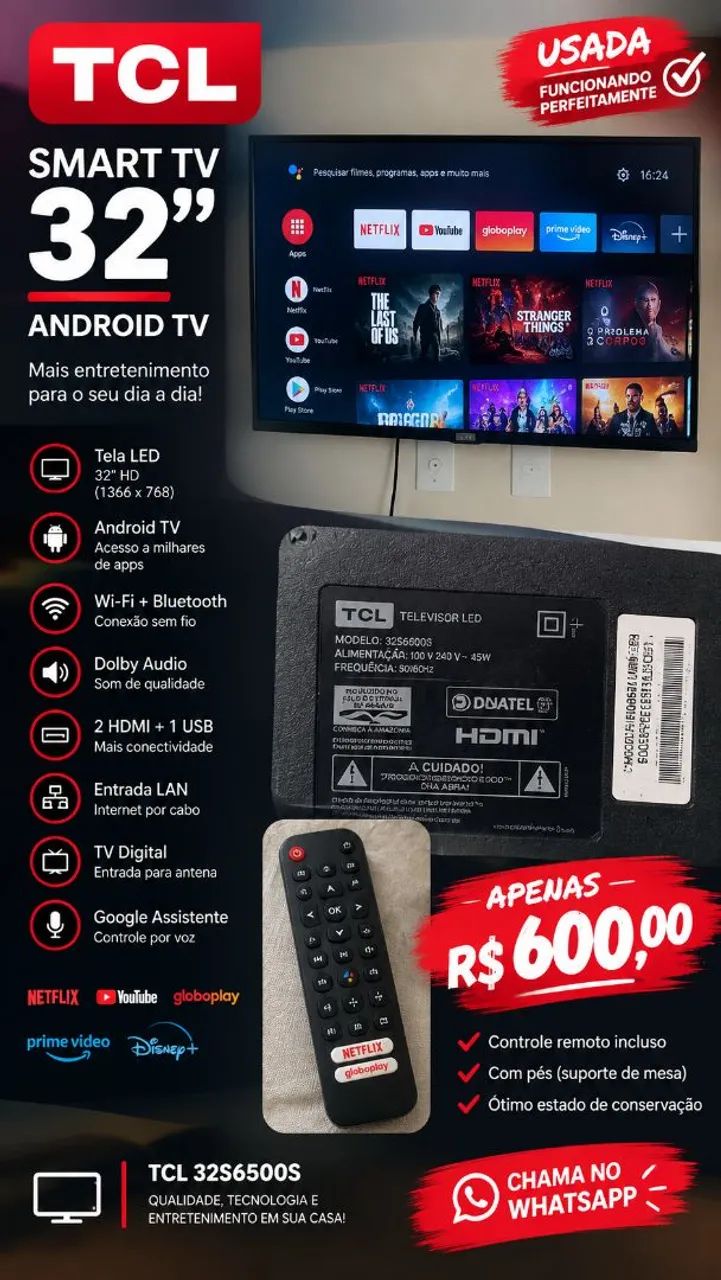 SMART TV TCL 32" ANDROID TV - MODELO 32S6500S