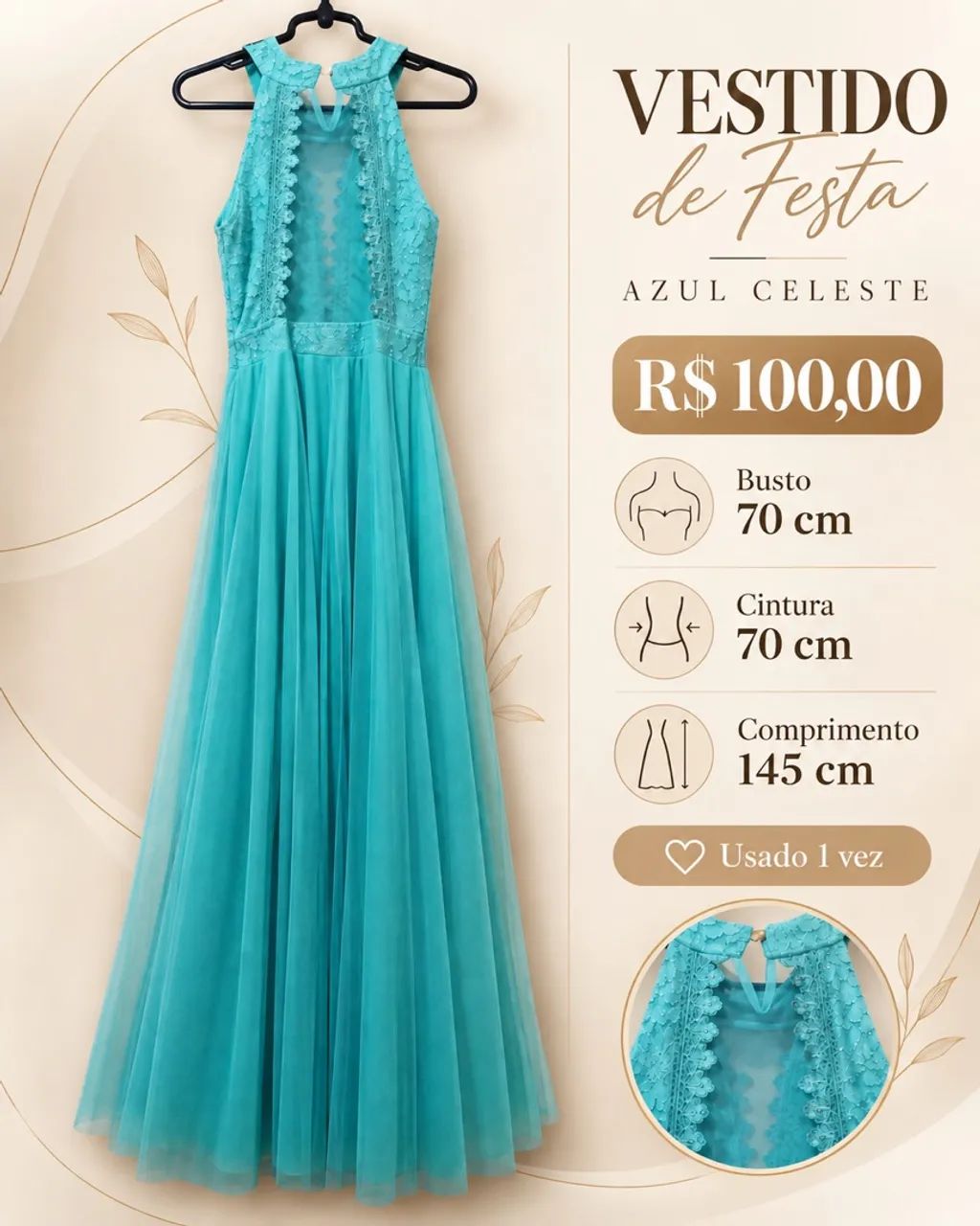 Vestido Longo Azul Celeste com Tule e Renda  - Foto 3