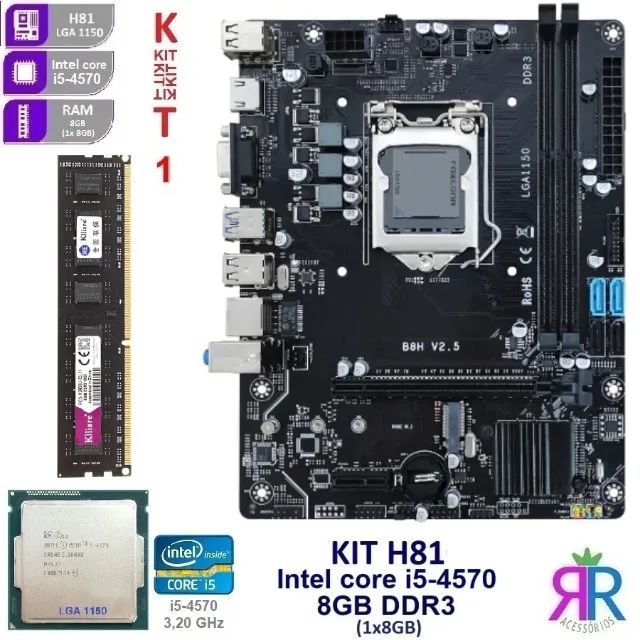 Kit H81 p/ PC (4ª/5ª gen): placa-mãe H81 + i5-4570 + DDR3 8GB