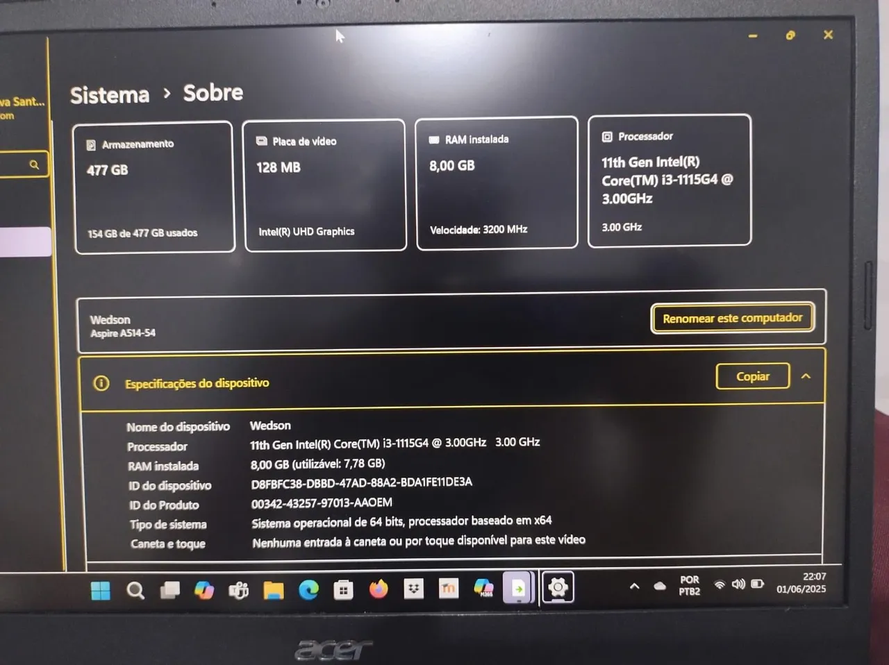 Notebook Acer Aspire A514-54 Intel Core i3 8GB RAM