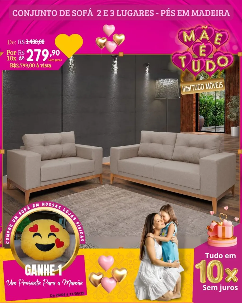 Conjunto de Sofá 2 e 3 Lugares - Pés em Madeira - Promoção Dia das Mães!