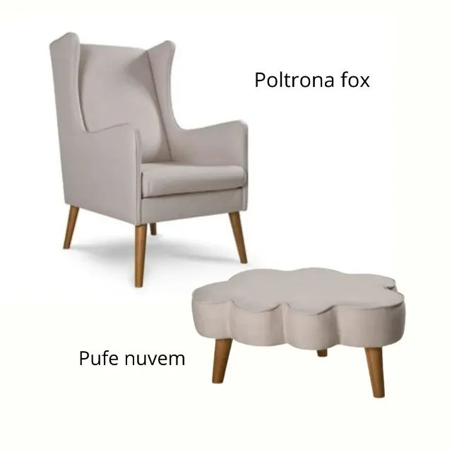 Poltrona Fox Pé Madeira Fixo Tecido Cinza Abstratto com apoio formato de nuvem