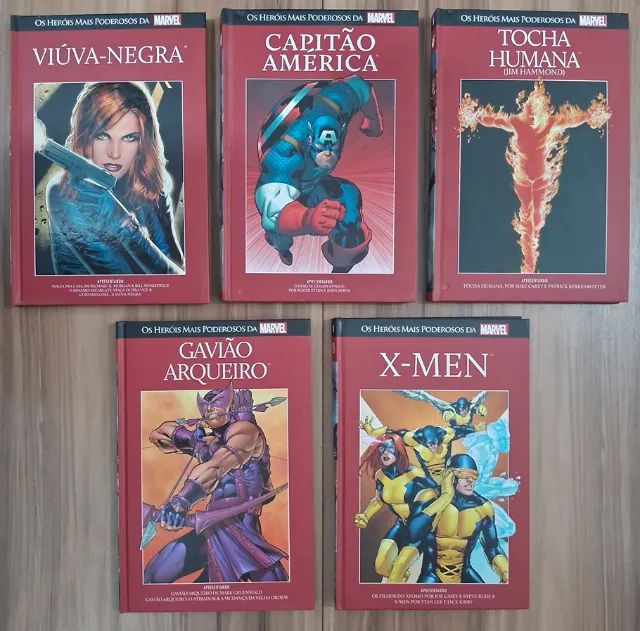 5 revistas Salvat: Viúva-Negra, Capitão América, Tocha Humana, Gavião Arqueiro, X-Men