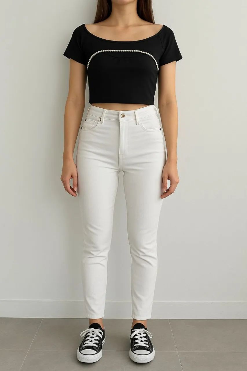  calça Skinny branca e cropped  strass tam P