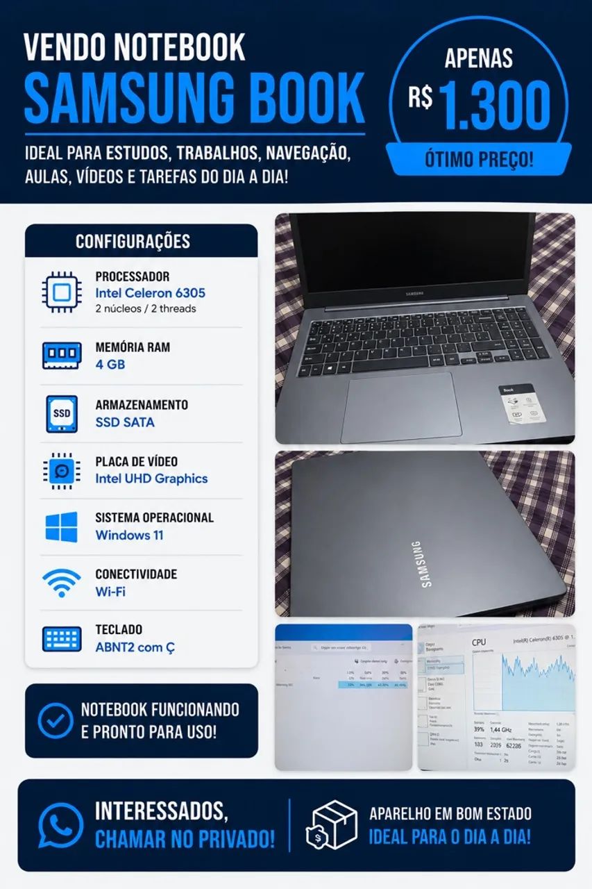 Notebook Samsung Book Intel Celeron 4GB RAM SSD - Windows 11