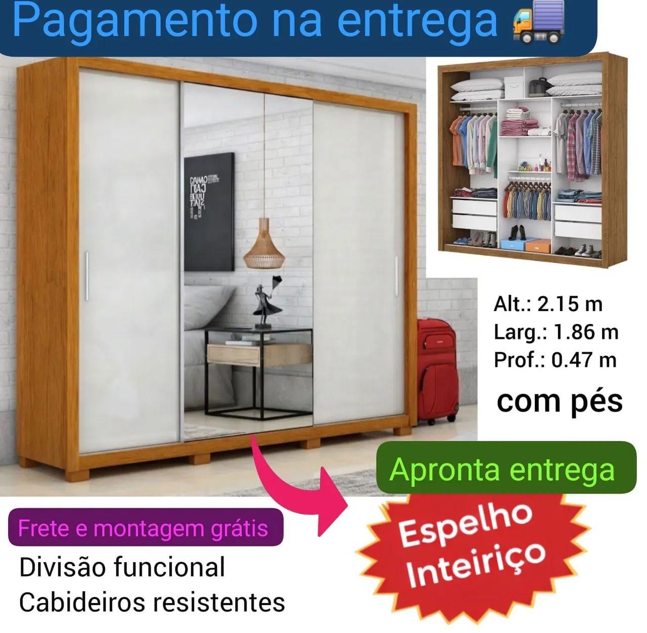 Guarda roupa completo espelhos MONTAGEM GRÁTIS  - Foto 2