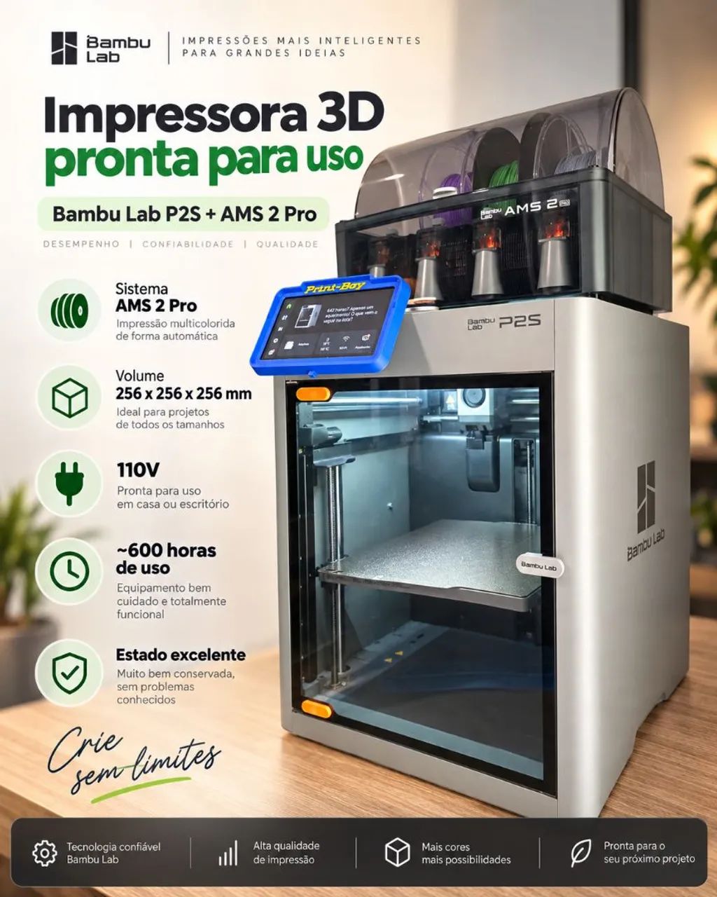 Bambu Lab P2S 110V + AMS 2 Pro | Estado de nova  - Foto 3