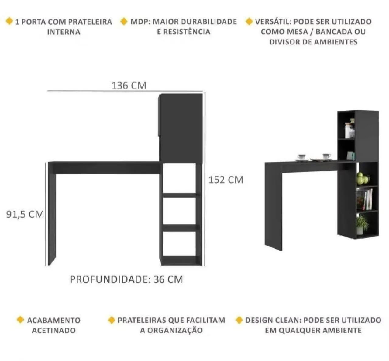 Bancada multiuso preta com armário e prateleira. - Foto 4