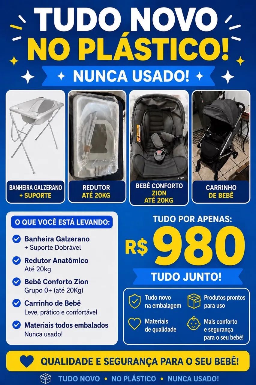carrinho, bebê conforto e banheira 