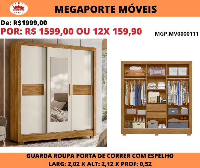 Guarda Roupa Portas de Correr 2,02 com Espelho 