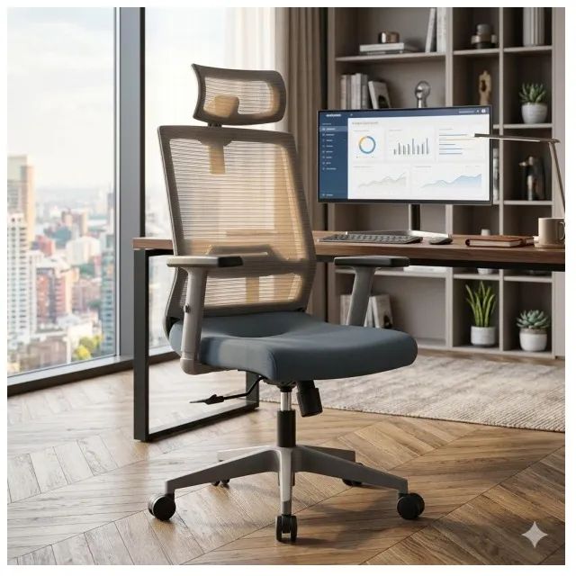 Cadeira Presidente Ergonômica Tela Cinza Apoio De Cabeça Conforto Premium - 30091 - Foto 3