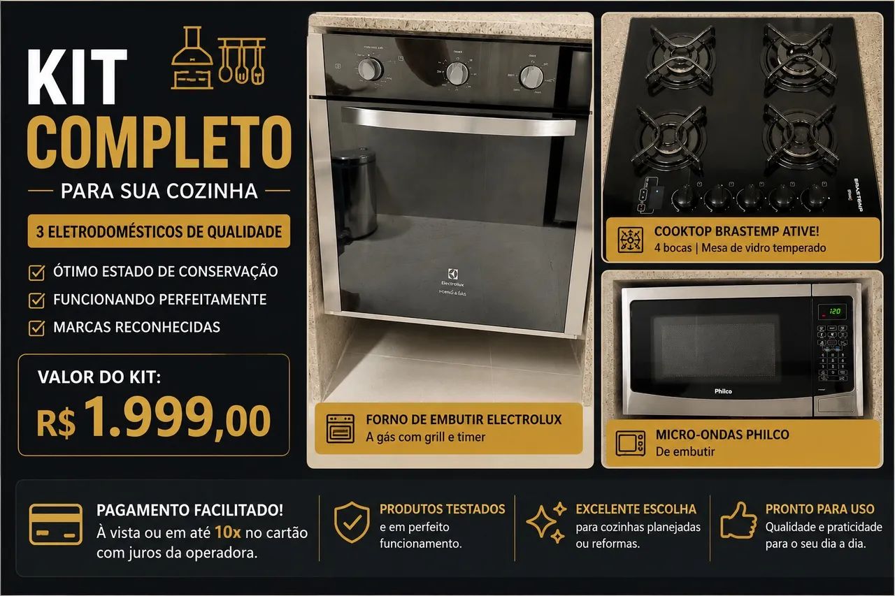 ? KIT COZINHA COMPLETO - Cooktop + Forno de Embutir + Micro-ondas | R$ 1.999,00 ?