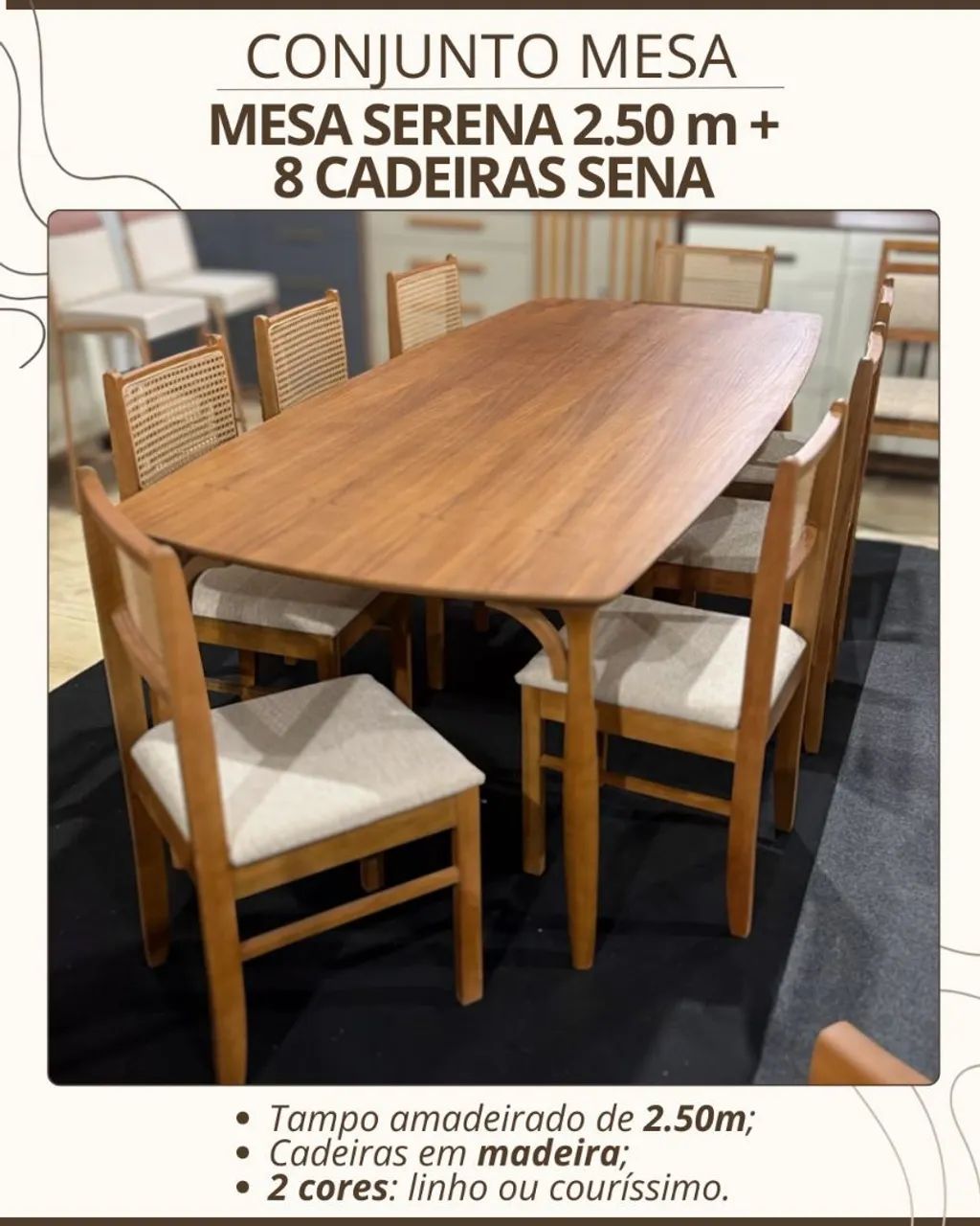 Mesa de Jantar elegante serena com 8 cadeiras de 2.50m