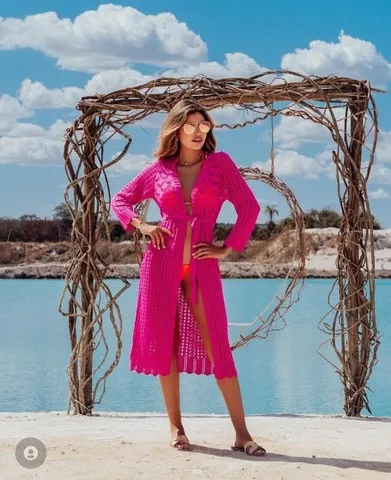 Saída de praia tricot renda manga Nova