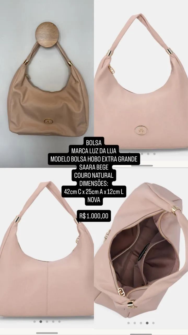 BOLSA NOVA LUZ DA LUA ORIGINAL COURO LEGÍTIMO COR BEGE