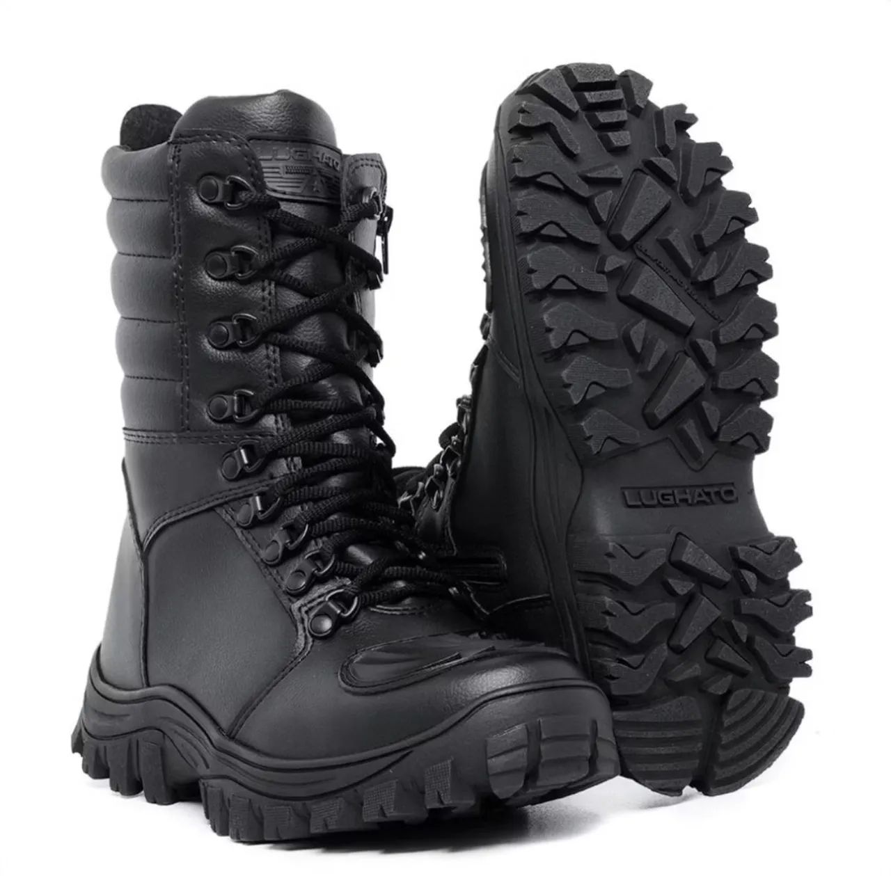 Bota Masculina coturno militar Preta - Couro - Cano Alto - Impermeável