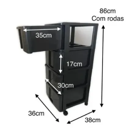 Gaveteiro Porta Tudo 4 Gavetas com Rodas Preto