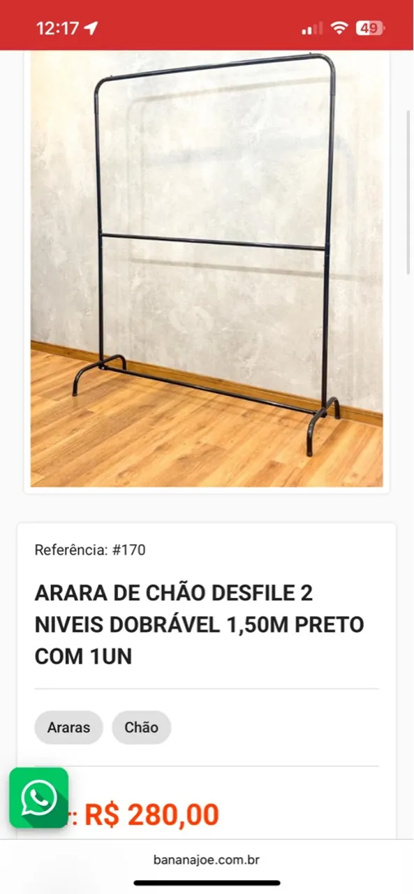 Arara de Chão Desfile 2 Níveis Dobrável 1,50m Preta